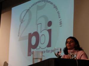 Speaking at PBI-UK's 25th Anniversary conference is Kopila Adhikari, a lawyer with Advocacy Forum who PBI-Nepal accompanies